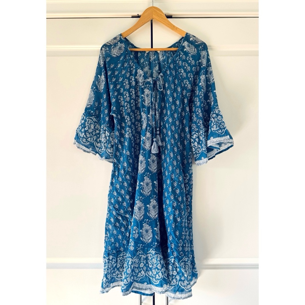 Dolma Block Print Cotton Dress blue Anthropologie tuckernuck flowy peasant M